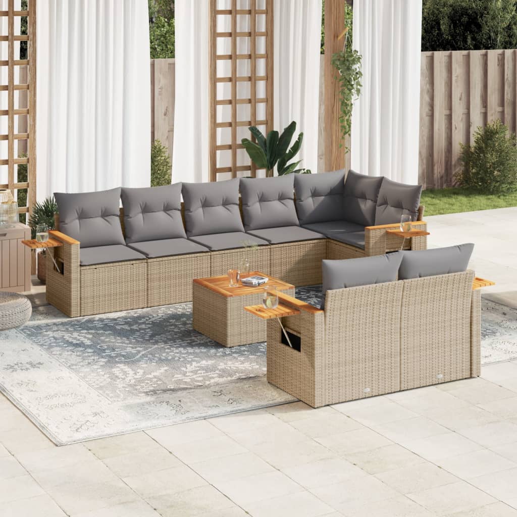 9 Pcs conjunto de sofás p/ jardim com almofadões vime PE bege