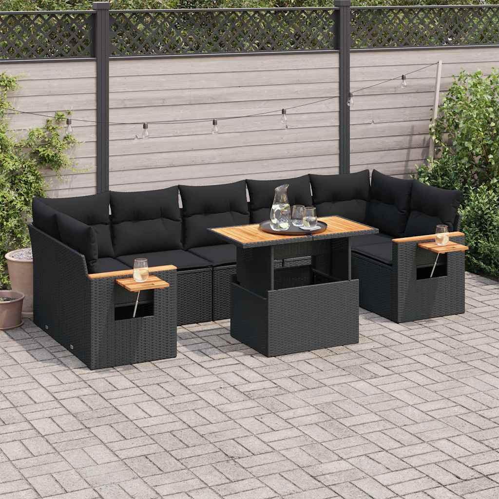 8 Pcs conjunto sofás jardim com almofadões vime PE/acácia preto