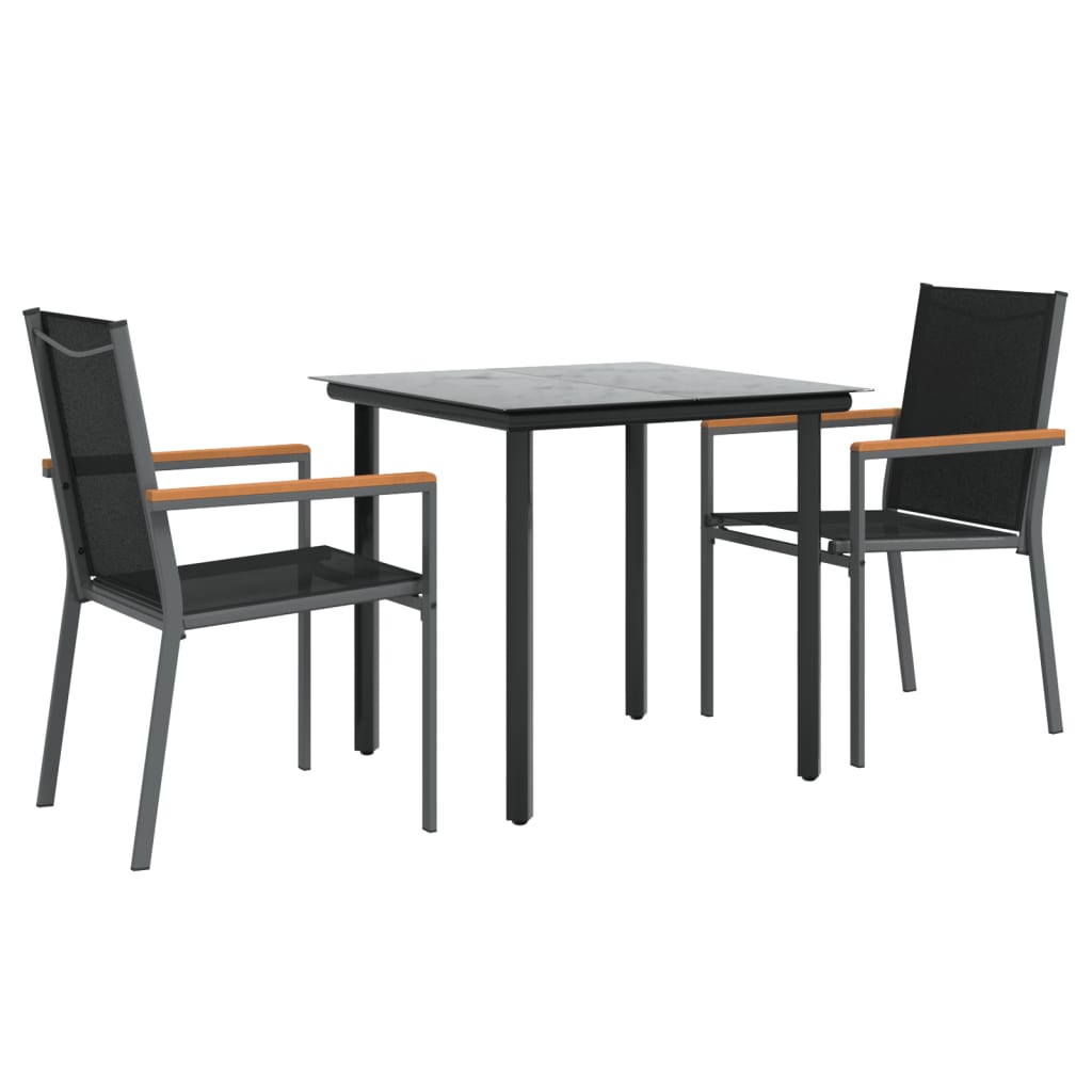 3 Pcs conjunto de jantar para jardim textilene e aço preto