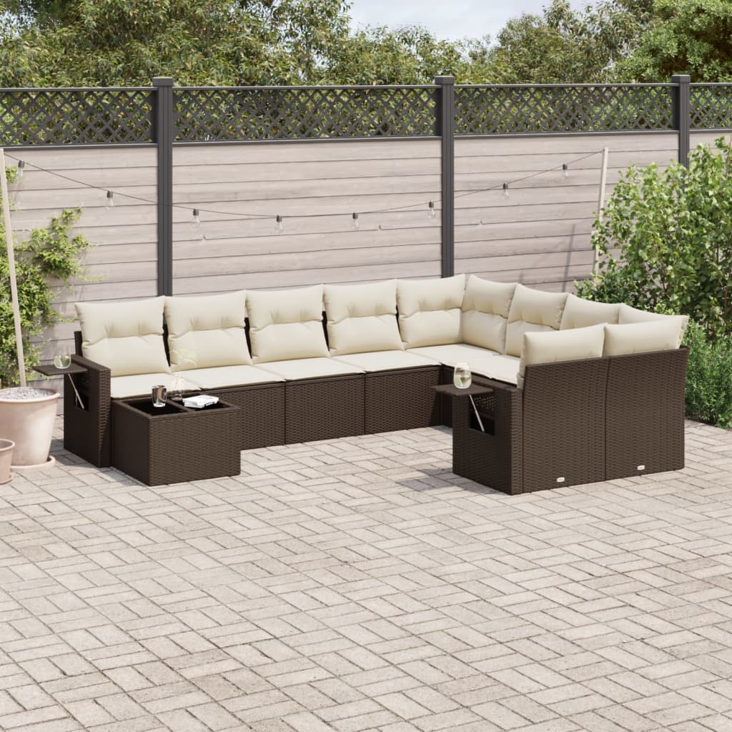 10 Pcs conj. sofás jardim com almofadões vime PE castanho