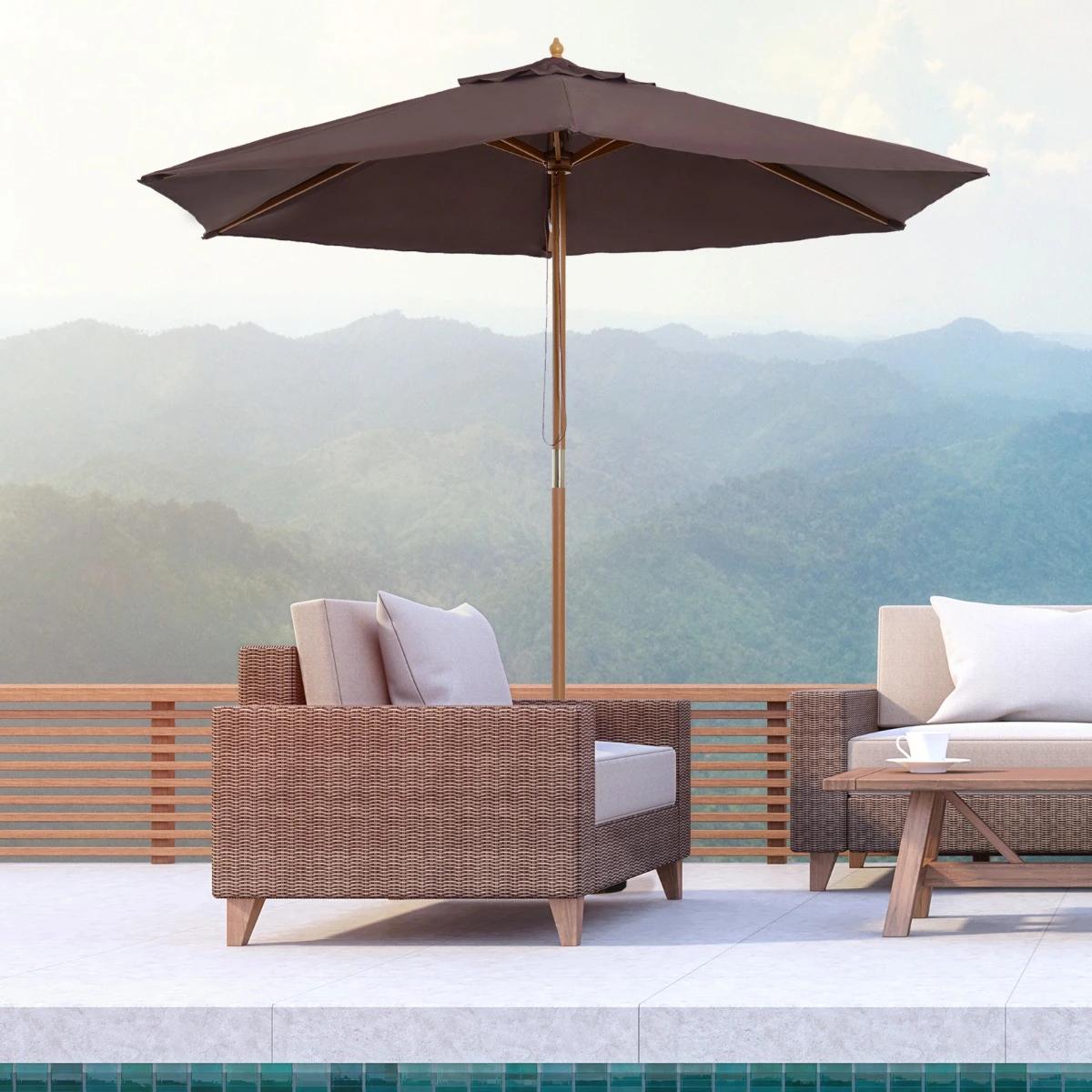 Chapéu de sol ø250x230cm chapéu de sol com mastro de madeira com 6 hastes sistema de polia com fixação para jardim pátio terraço marrom