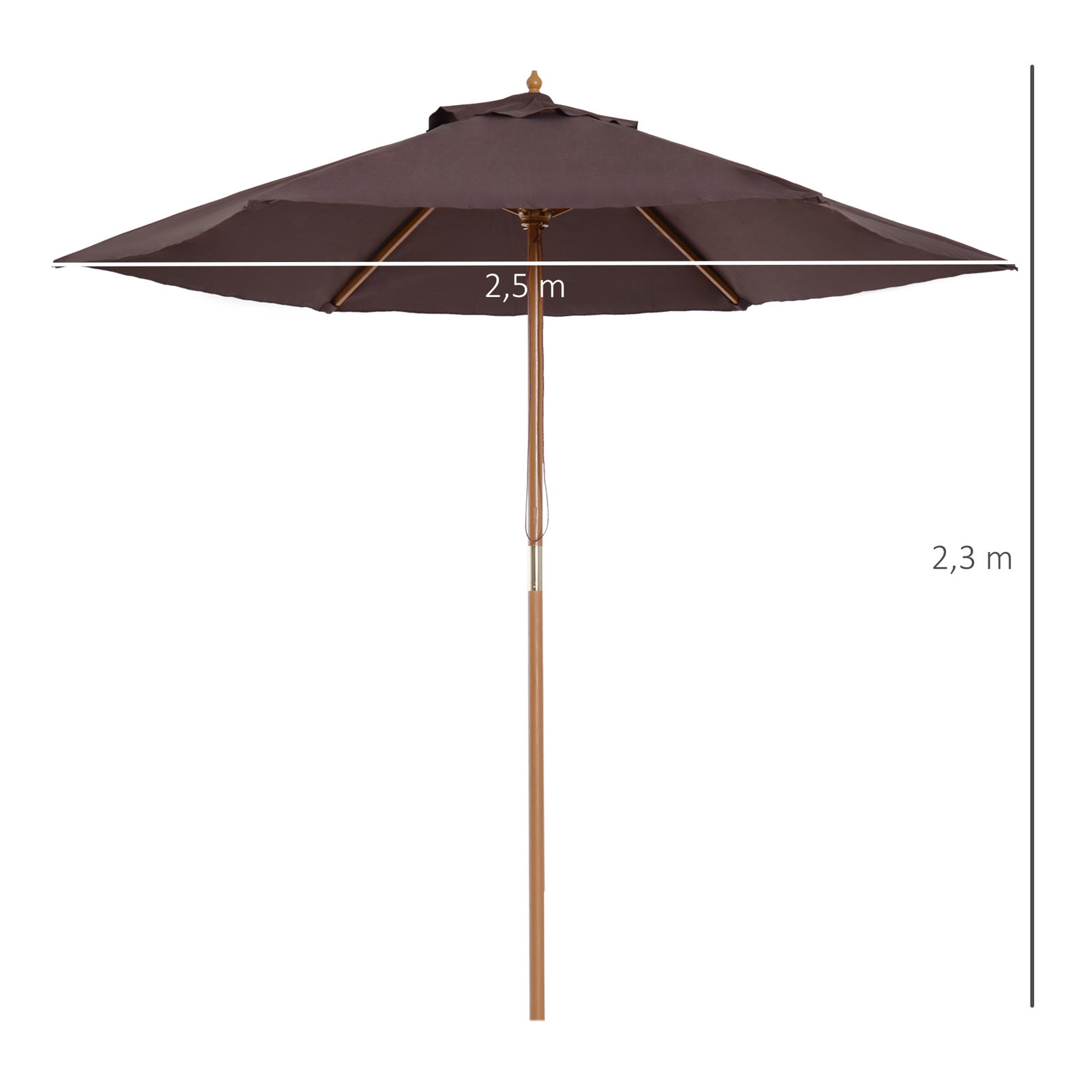 Chapéu de sol ø250x230cm chapéu de sol com mastro de madeira com 6 hastes sistema de polia com fixação para jardim pátio terraço marrom