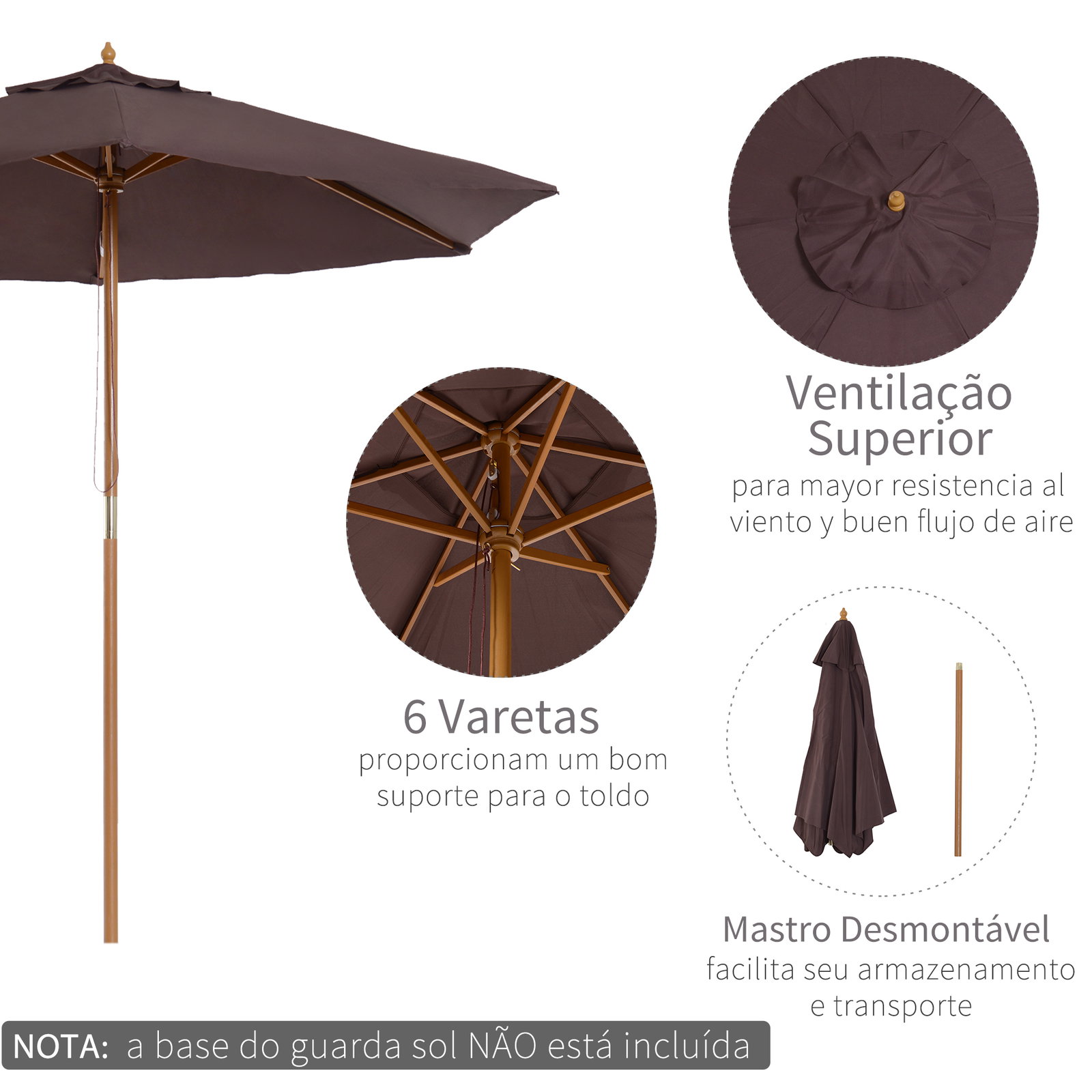 Chapéu de sol ø250x230cm chapéu de sol com mastro de madeira com 6 hastes sistema de polia com fixação para jardim pátio terraço marrom