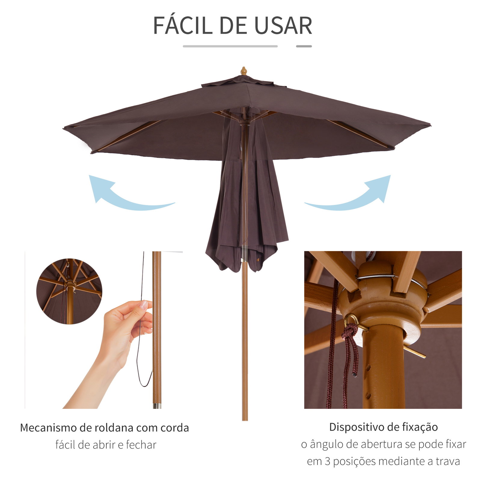 Chapéu de sol ø250x230cm chapéu de sol com mastro de madeira com 6 hastes sistema de polia com fixação para jardim pátio terraço marrom