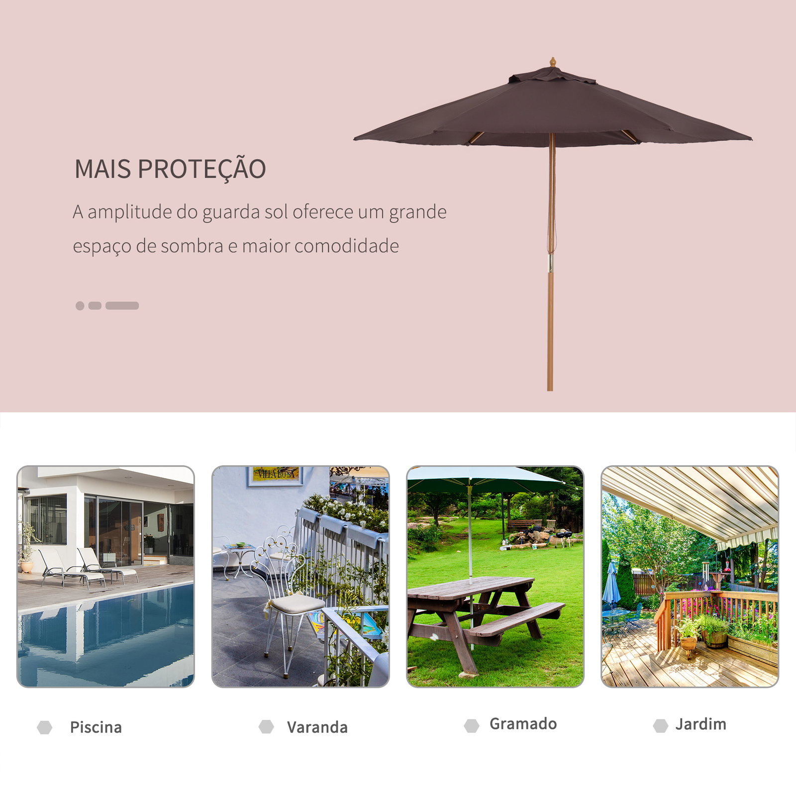 Chapéu de sol ø250x230cm chapéu de sol com mastro de madeira com 6 hastes sistema de polia com fixação para jardim pátio terraço marrom