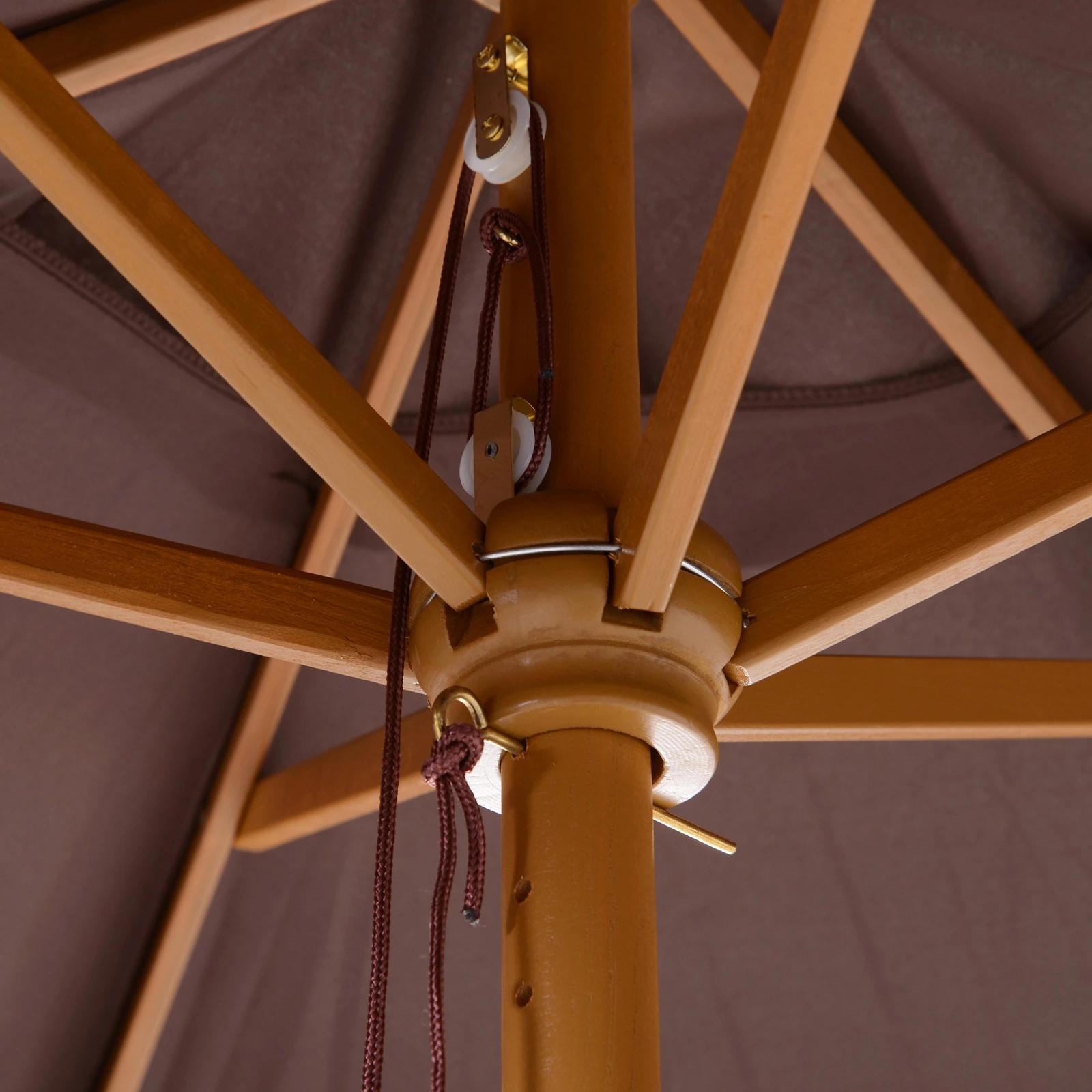 Chapéu de sol ø250x230cm chapéu de sol com mastro de madeira com 6 hastes sistema de polia com fixação para jardim pátio terraço marrom