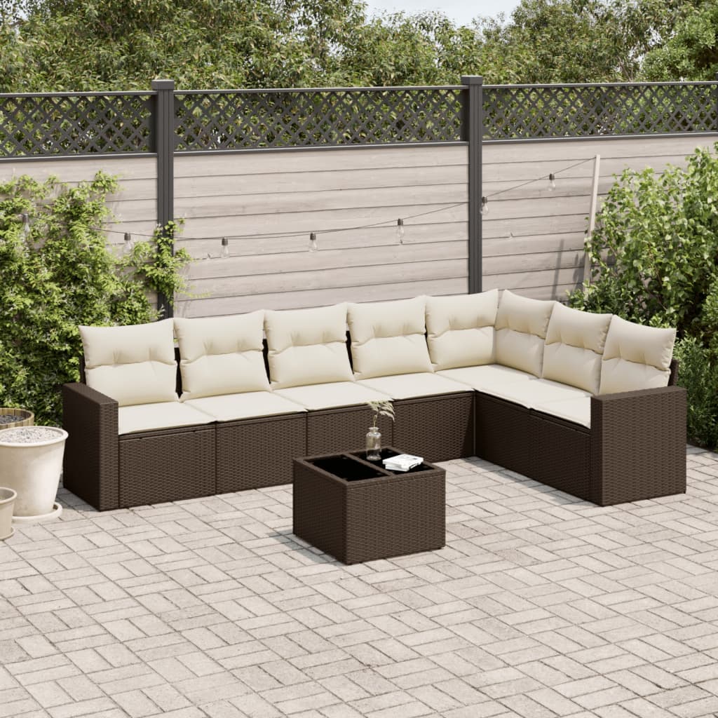 8 Pcs conjunto sofás de jardim c/ almofadões vime PE castanho