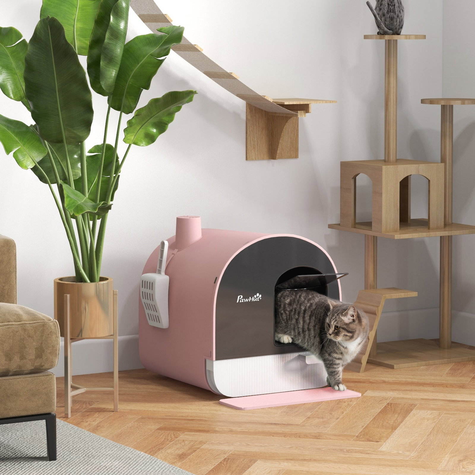 Caixa de areia para gatos com porta dianteira bandeja removível pá tapete e filtro 43x44x47 cm rosa