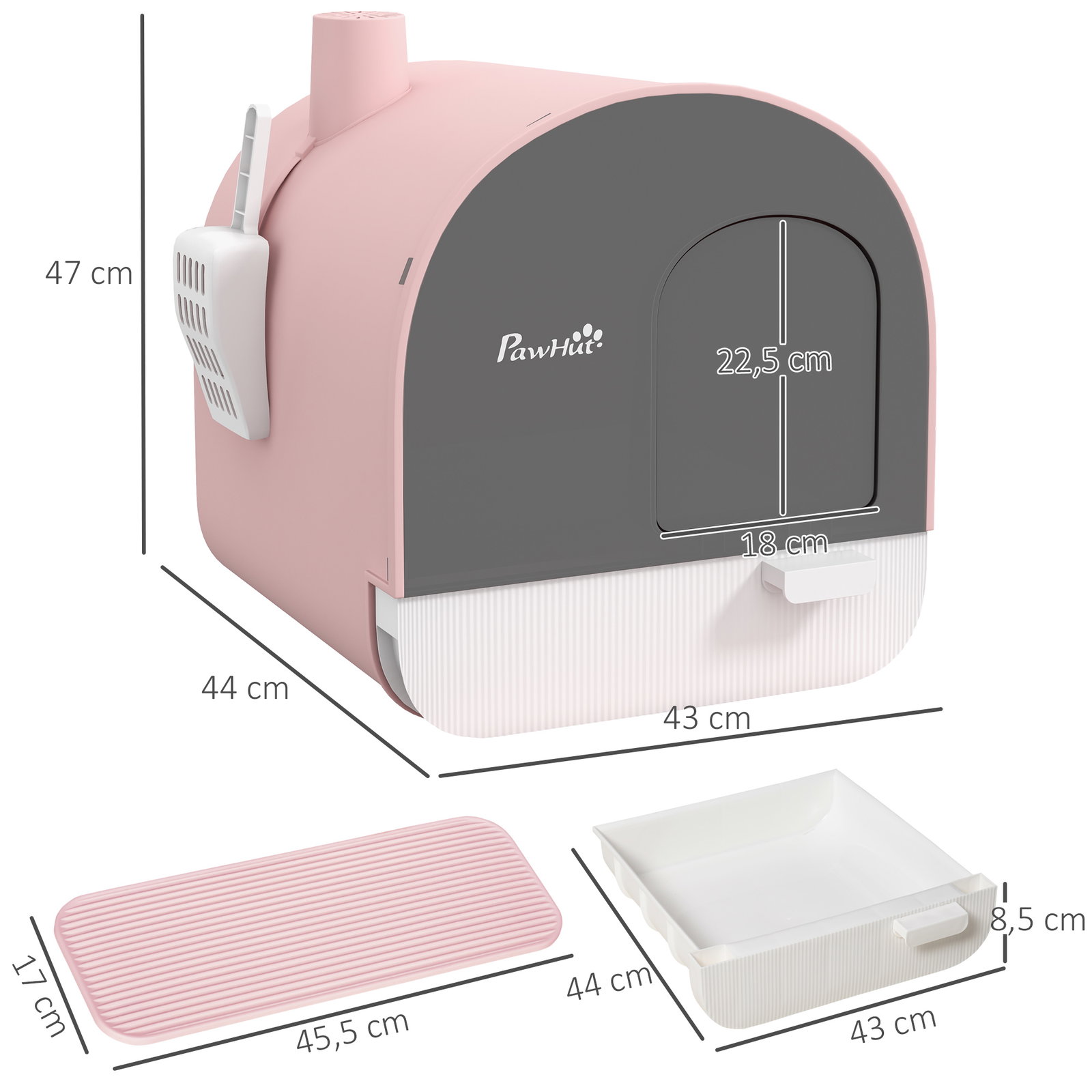 Caixa de areia para gatos com porta dianteira bandeja removível pá tapete e filtro 43x44x47 cm rosa