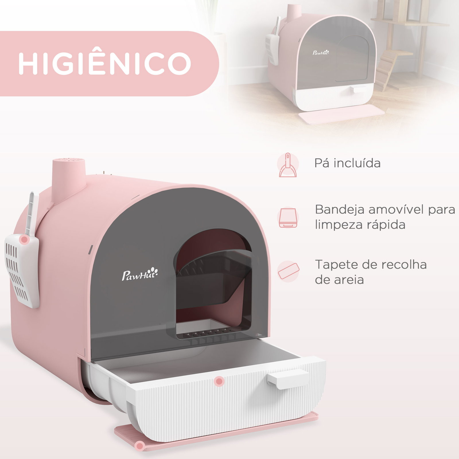Caixa de areia para gatos com porta dianteira bandeja removível pá tapete e filtro 43x44x47 cm rosa