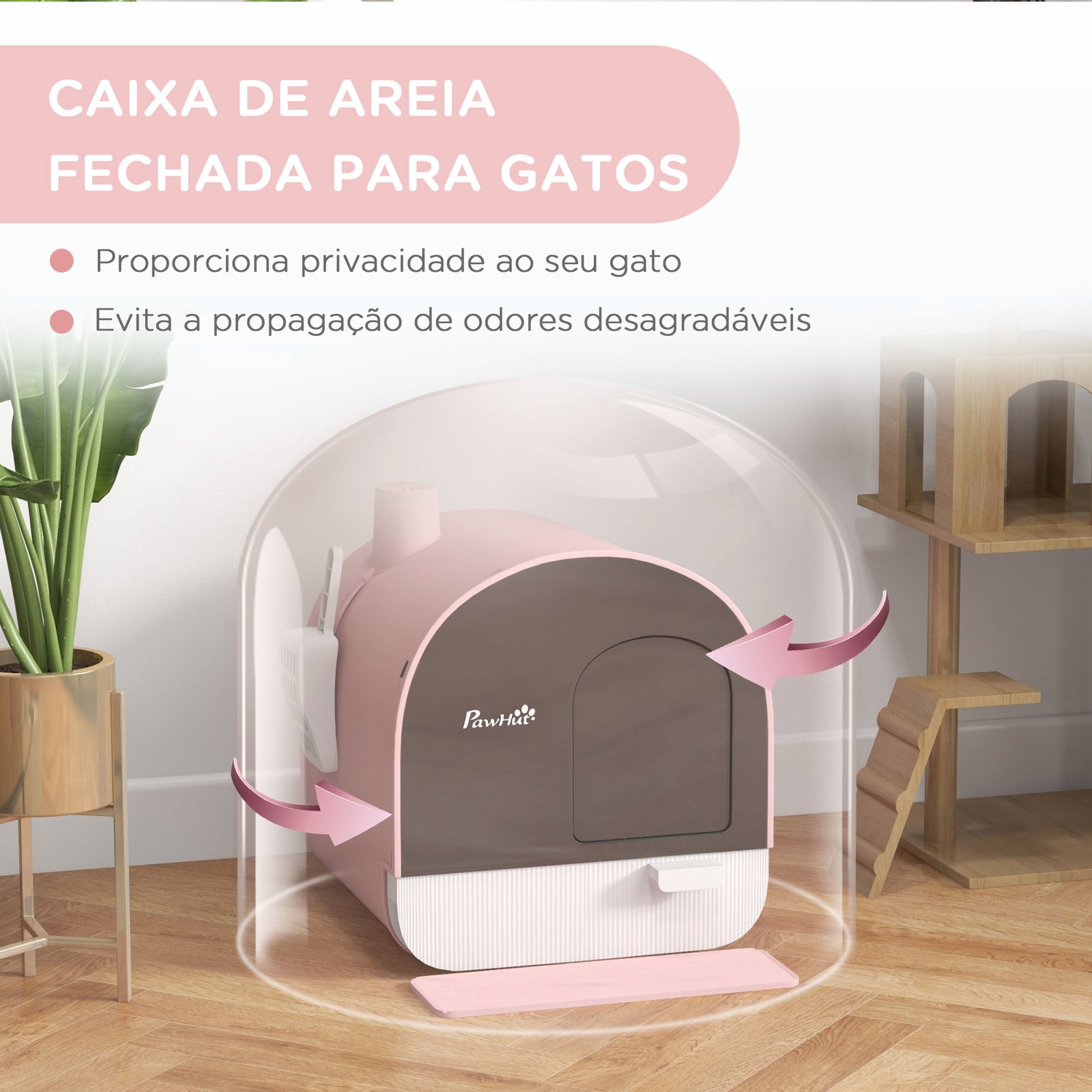 Caixa de areia para gatos com porta dianteira bandeja removível pá tapete e filtro 43x44x47 cm rosa