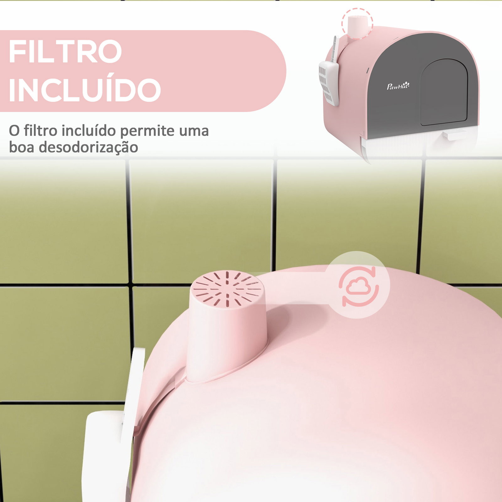 Caixa de areia para gatos com porta dianteira bandeja removível pá tapete e filtro 43x44x47 cm rosa