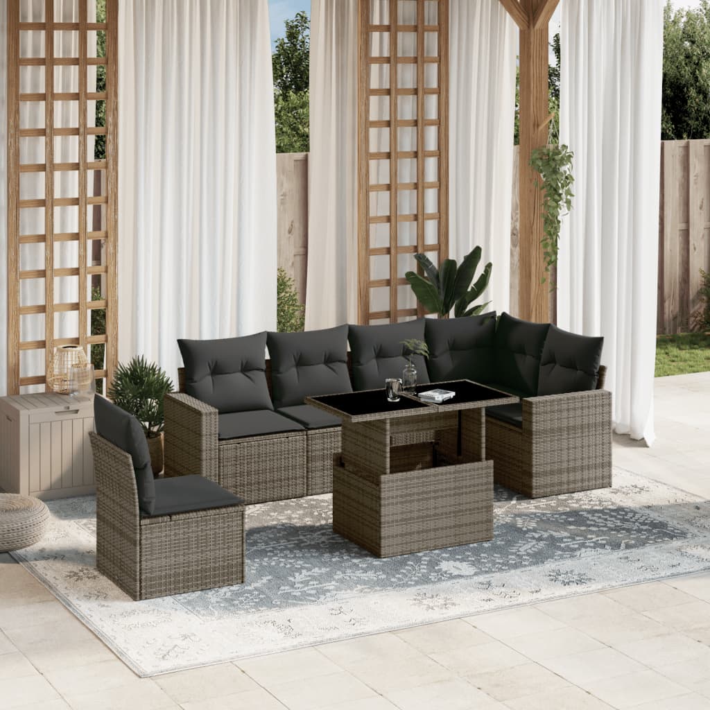 7 Pcs conjunto sofás p/ jardim c/ almofadões vime PE cinzento