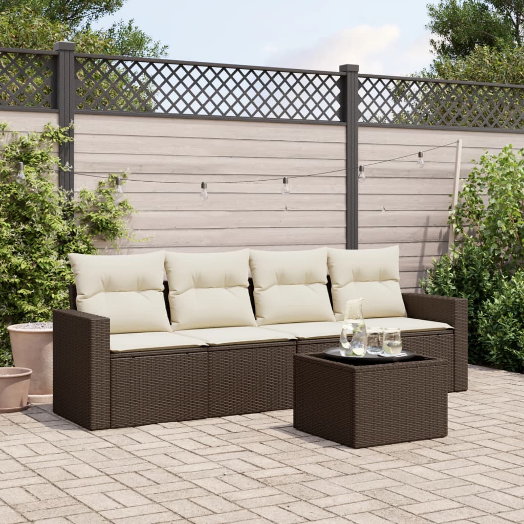 5 Pcs conjunto sofás p/ jardim c/ almofadões vime PE castanho
