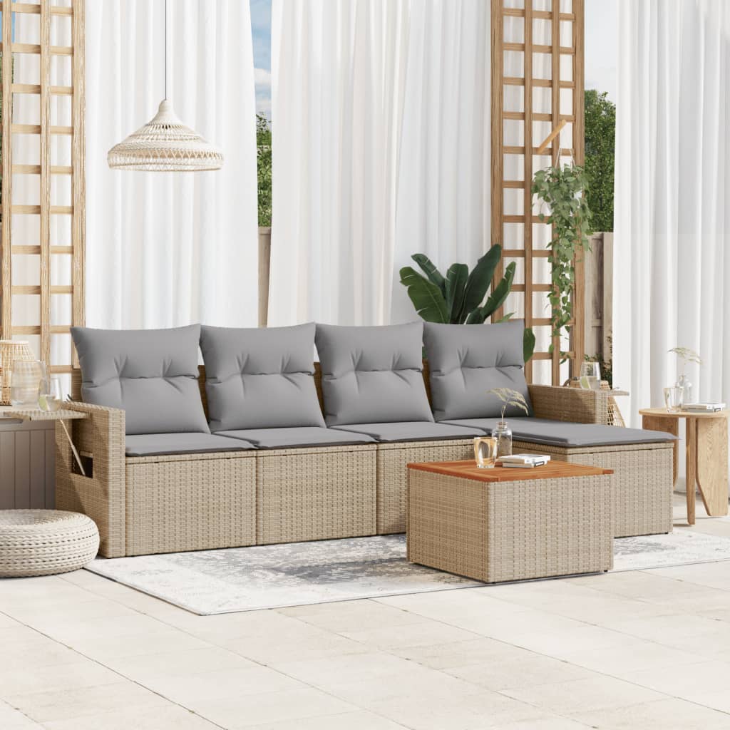 6 Pcs conj. sofás jardim c/ almofadões vime PE bege misturado