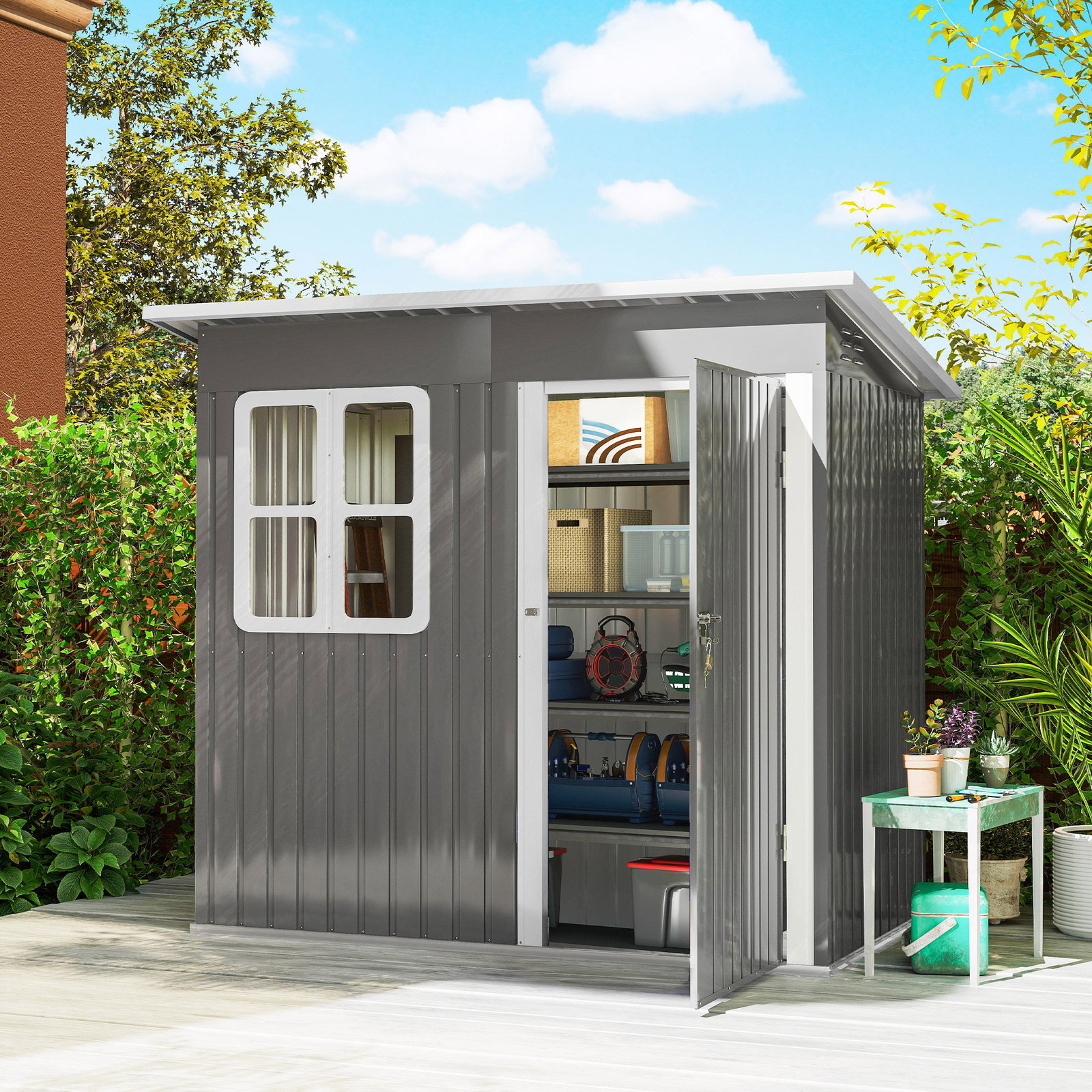 Abrigo de jardim exterior 2,55 m² 221x133x190 cm com janela porta com fechadura e ventilações cinzento escuro
