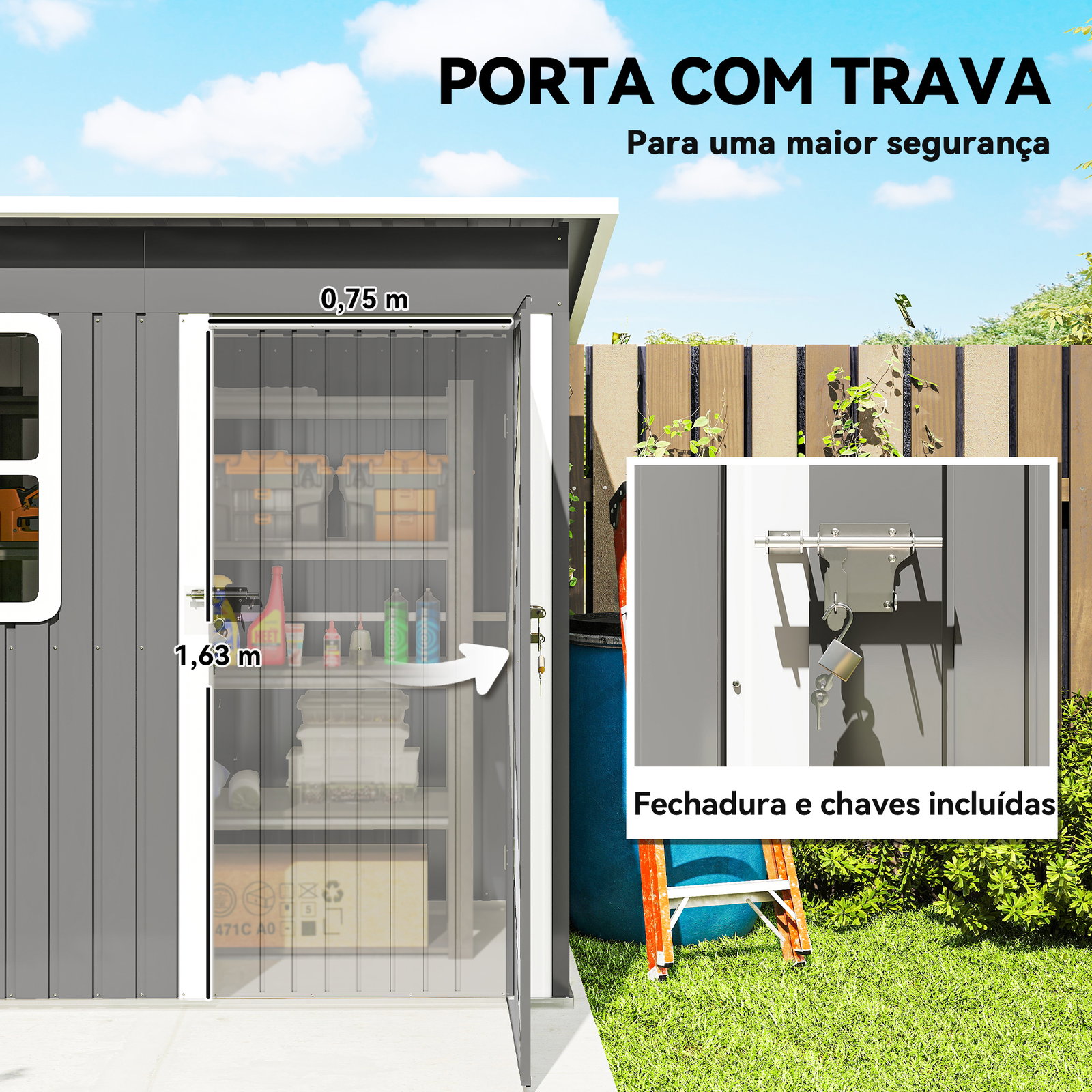 Abrigo de jardim exterior 2,55 m² 221x133x190 cm com janela porta com fechadura e ventilações cinzento escuro