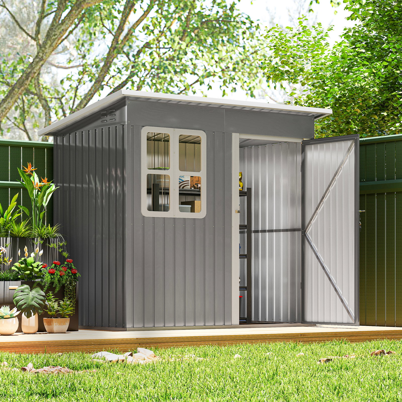 Abrigo de jardim exterior 2,55 m² 221x133x190 cm com janela porta com fechadura e ventilações cinzento escuro