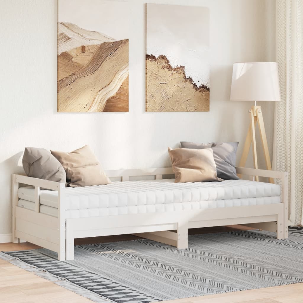 Sofá-cama c/ gavetão e colchões 90x200 cm pinho maciço branco