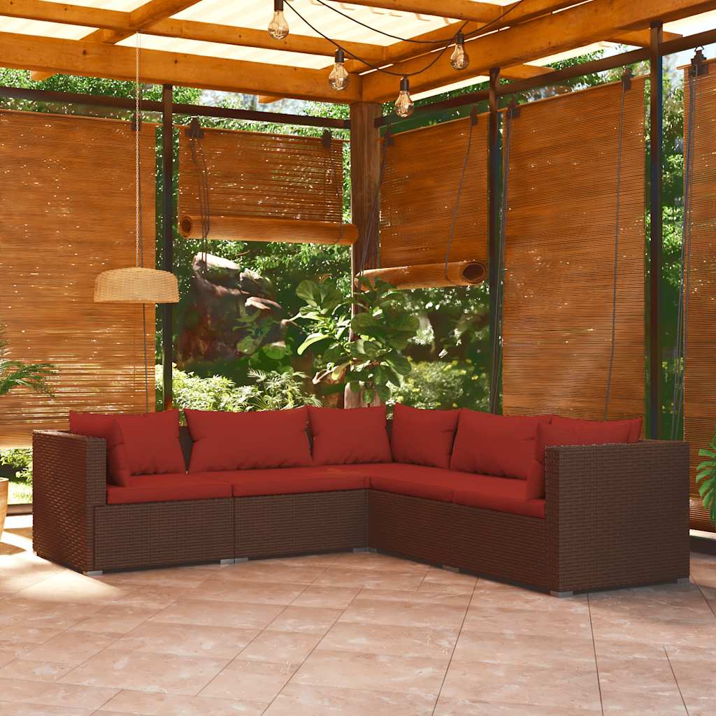 5 Pcs conjunto lounge jardim c/ almofadões vime PE castanho