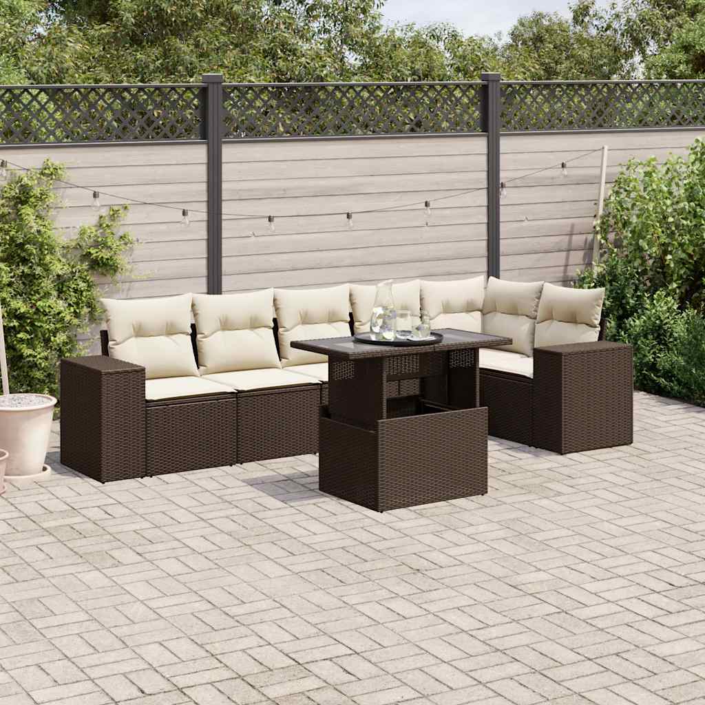 7 Pcs conjunto de sofás jardim c/ almofadões vime PE castanho