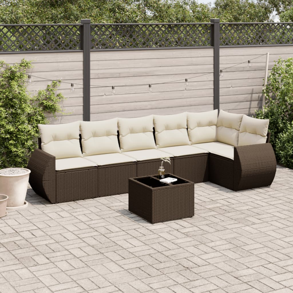 7 Pcs conjunto de sofás jardim c/ almofadões vime PE castanho