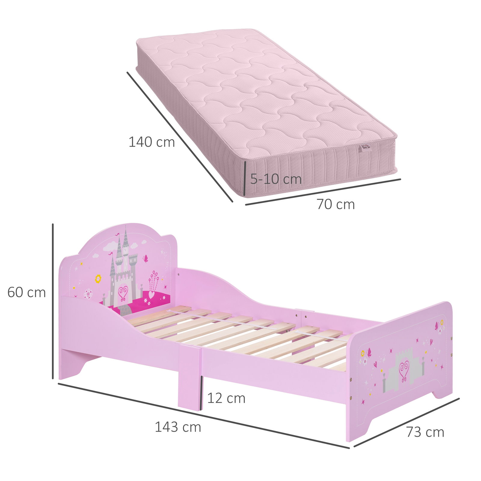 Cama infantil meninas c/ barreira de proteção 143x73 cm carga máx. 50kg para crianças acima de 3 anos rosa