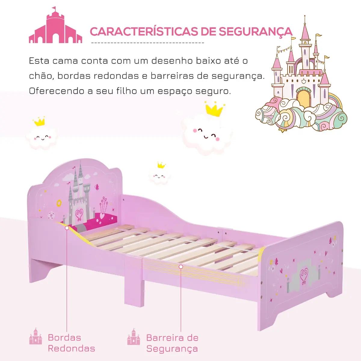 Cama infantil meninas c/ barreira de proteção 143x73 cm carga máx. 50kg para crianças acima de 3 anos rosa