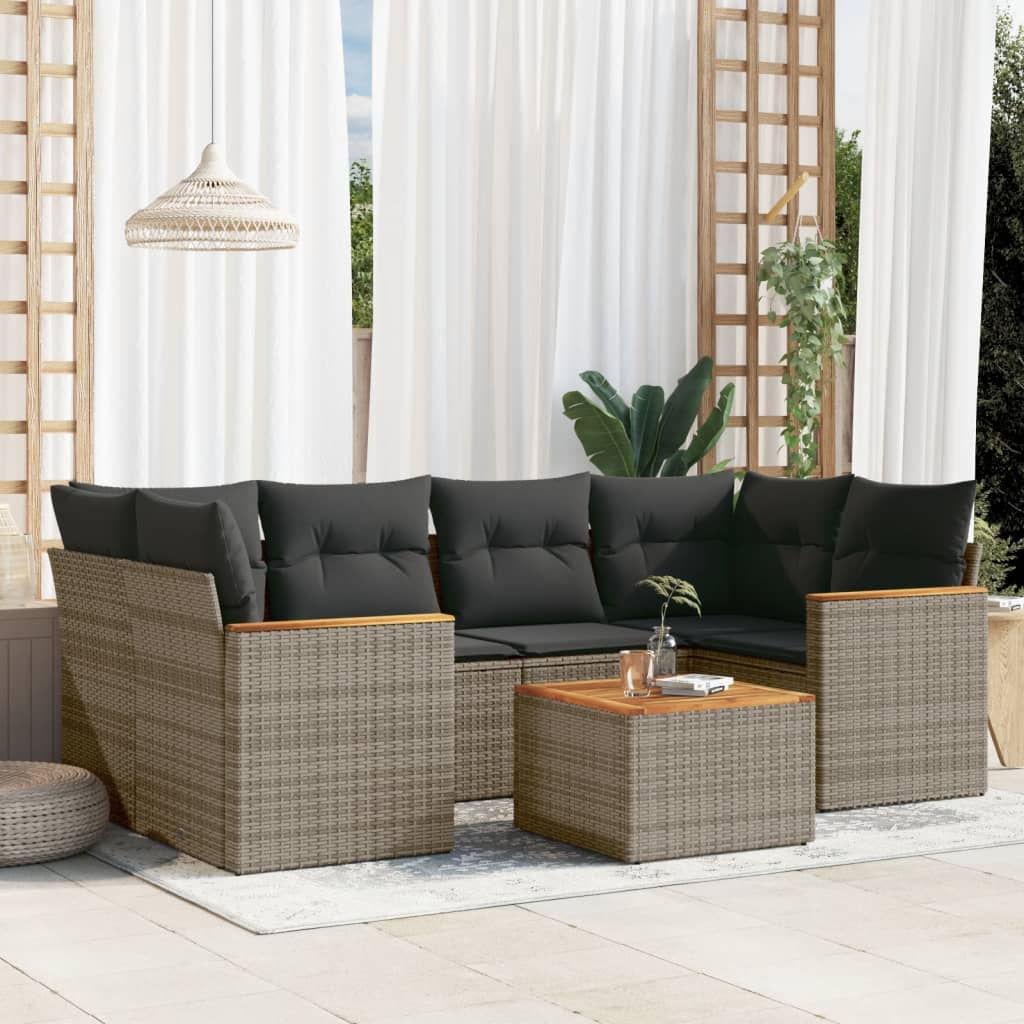 7 Pcs conjunto sofás p/ jardim c/ almofadões vime PE cinzento