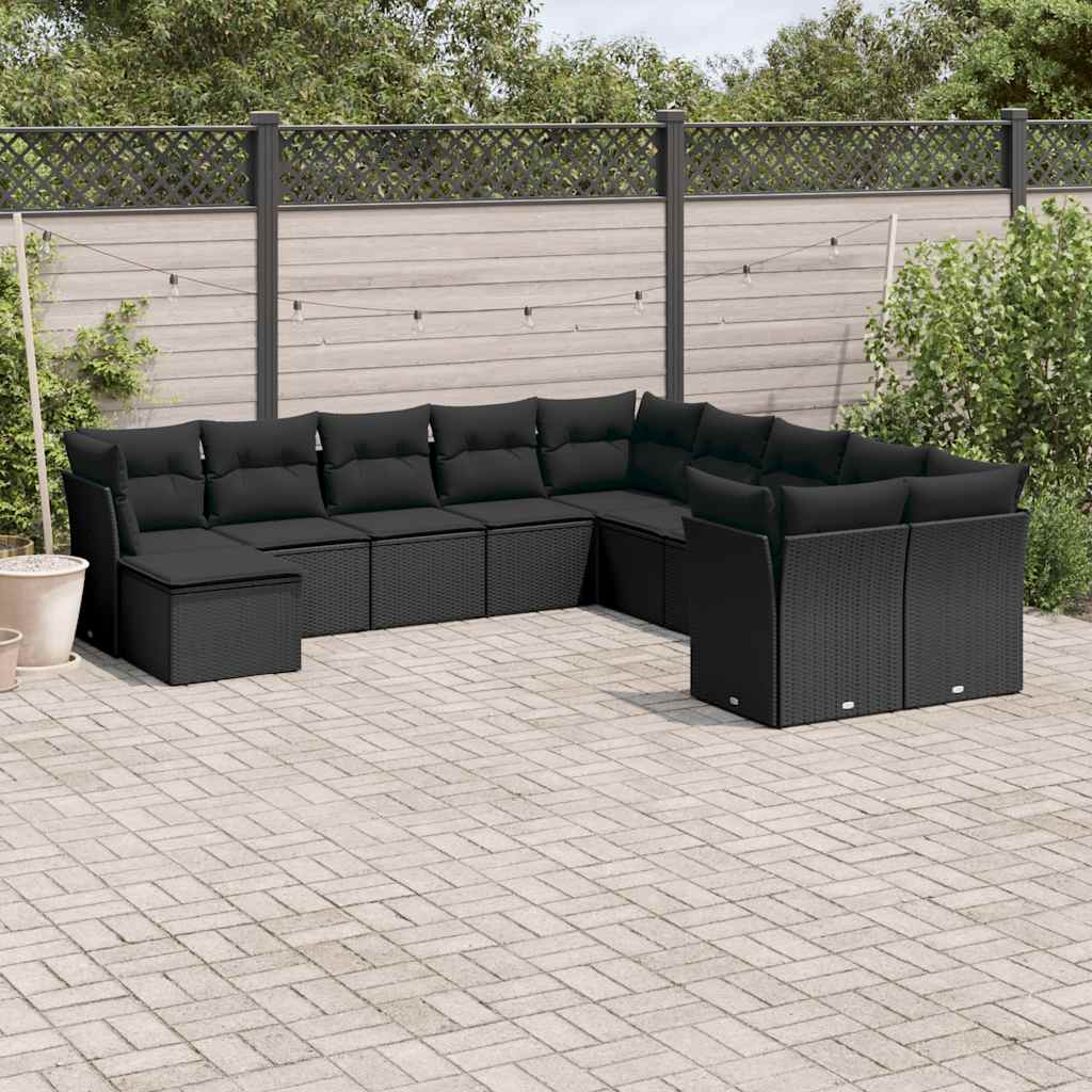 11 Pcs conjunto sofás de jardim c/ almofadões vime PE preto