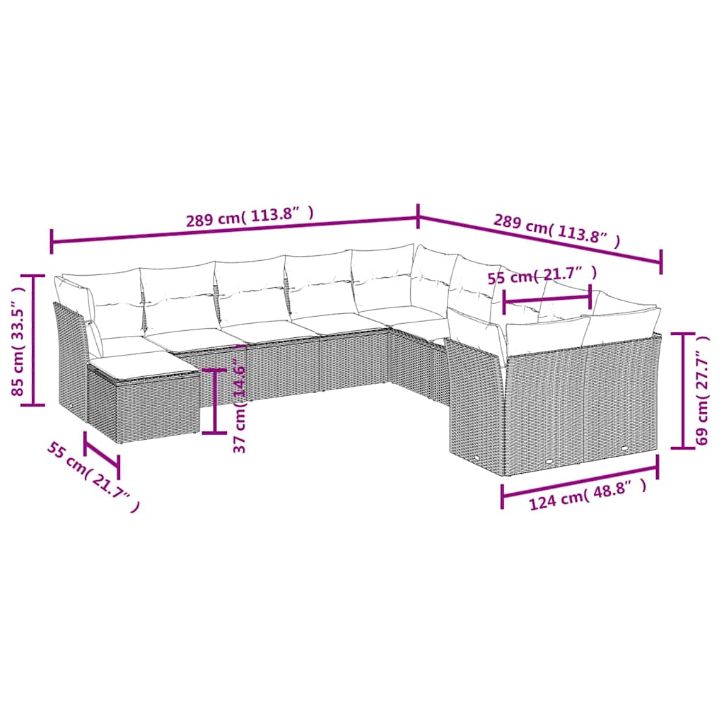 11 Pcs conjunto sofás de jardim c/ almofadões vime PE preto