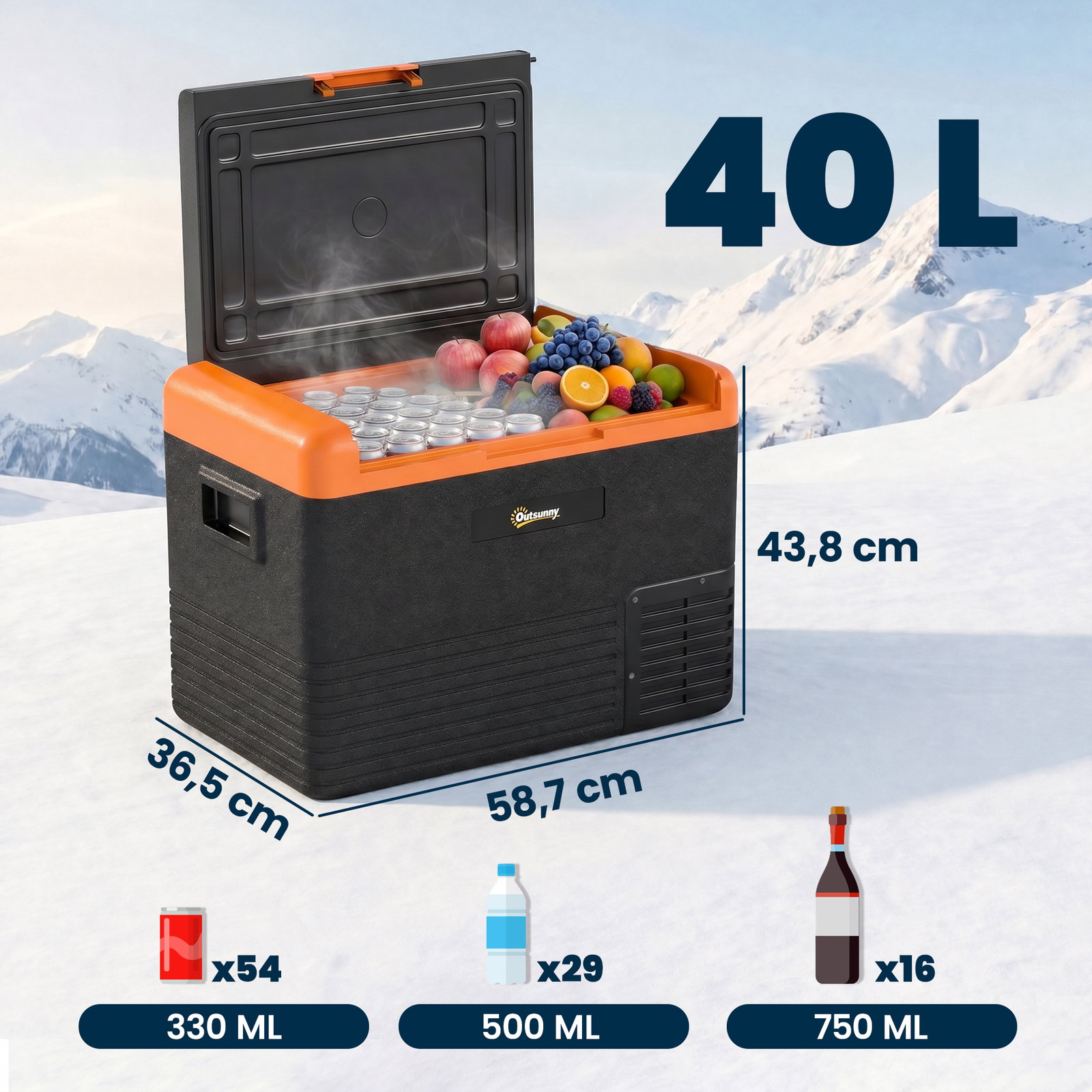 Geleira portátil elétrica 40l 12v/24v até -20°c mini geleira com ecrã LED tátil para campismo viagens 58,7x36,5x43,8 cm preto