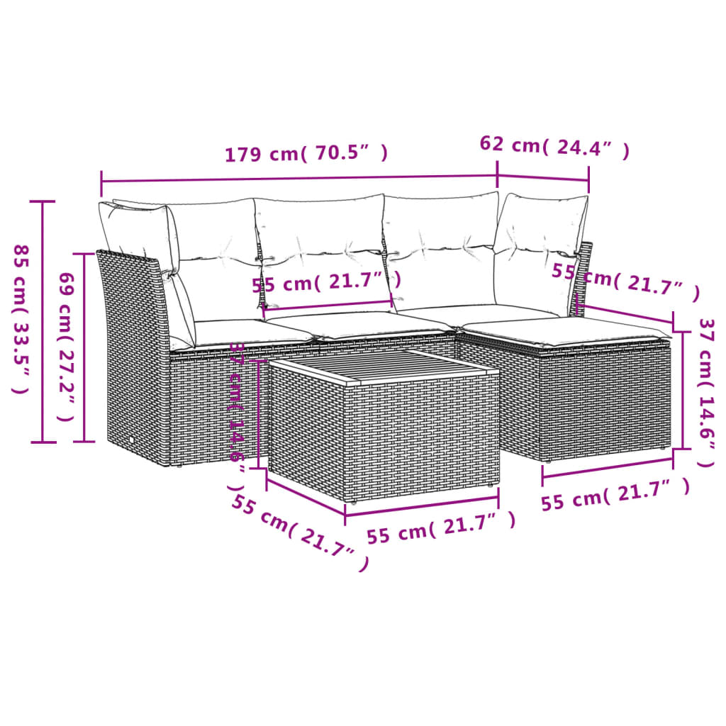 5 Pcs conjunto de sofás p/ jardim com almofadões vime PE bege