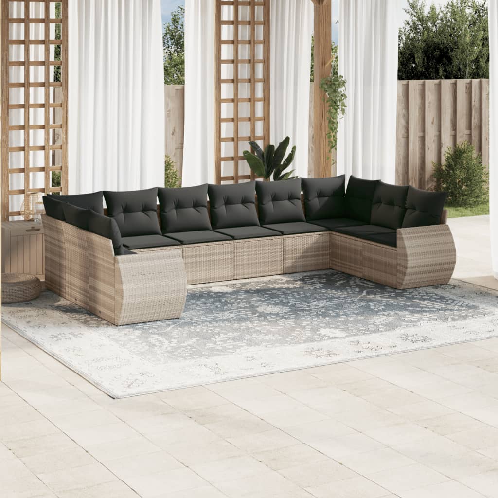 10 Pcs conj. sofás jardim com almofadões vime PE cinzento-claro
