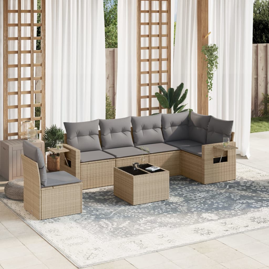 7 Pcs conjunto de sofás p/ jardim com almofadões vime PE bege