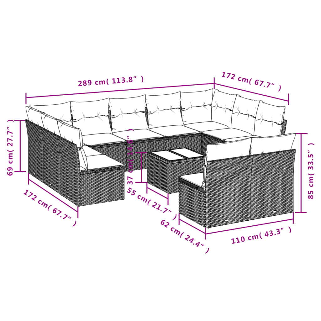 12 Pcs conjunto de sofás p/ jardim com almofadões vime PE bege
