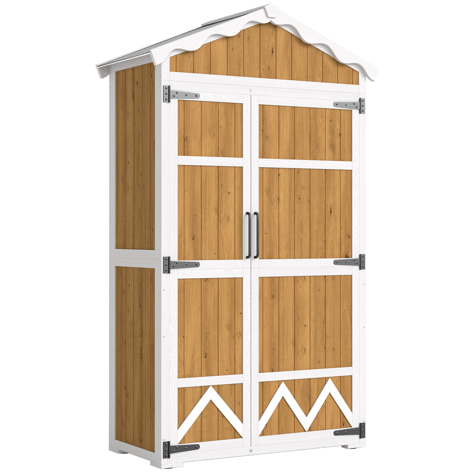 Armário de jardim de madeira 105x55x179 cm abrigo de exterior com portas 4 prateleiras extraíveis teto metal galvanizado madeira