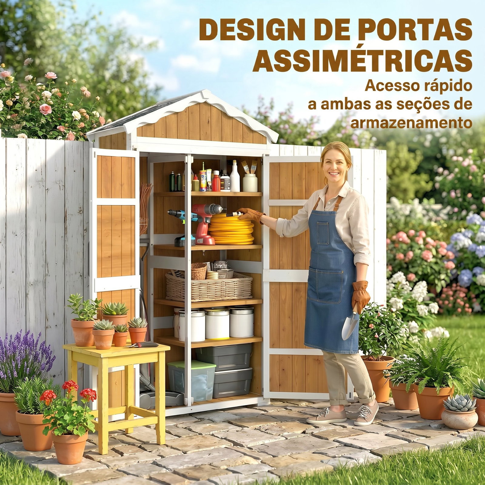 Armário de jardim de madeira 105x55x179 cm abrigo de exterior com portas 4 prateleiras extraíveis teto metal galvanizado madeira