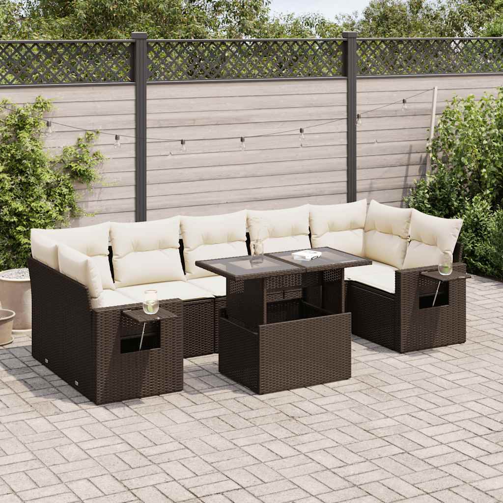 8 Pcs conjunto sofás de jardim c/ almofadões vime PE castanho