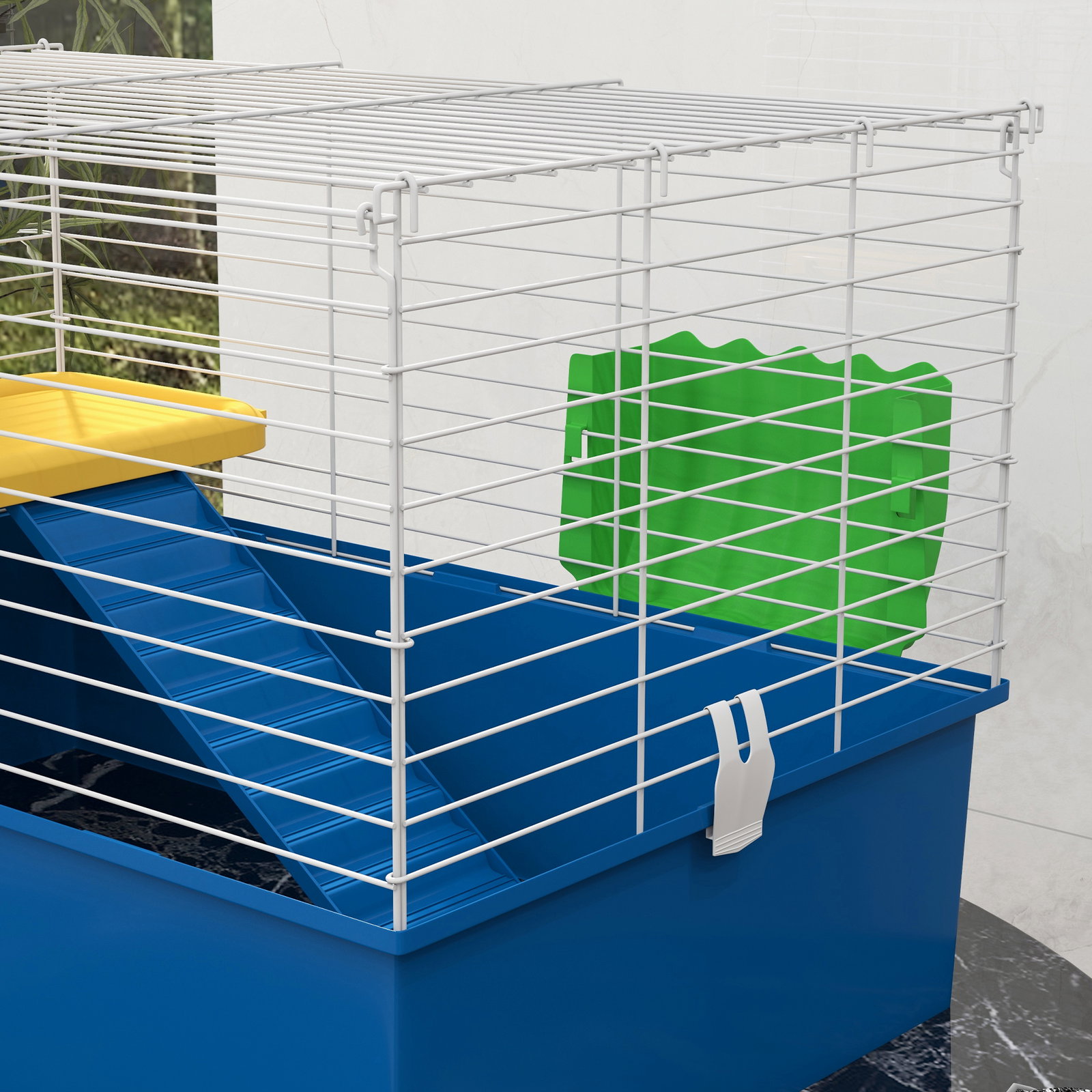 Gaiola para visons com bandeja gaiola para animais pequenos com plataforma rampa comedouro e bebedouro 71x46x47 cm branco e azul