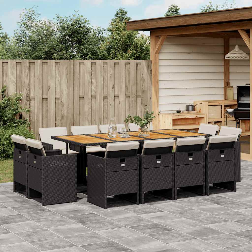 13 Pcs conjunto de jantar p/jardim com almofadões vime PE preto
