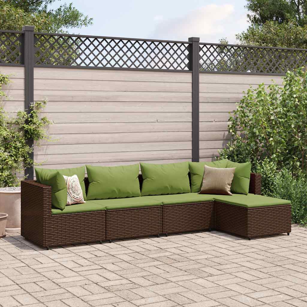 5 Pcs conjunto lounge jardim c/ almofadões vime PE castanho