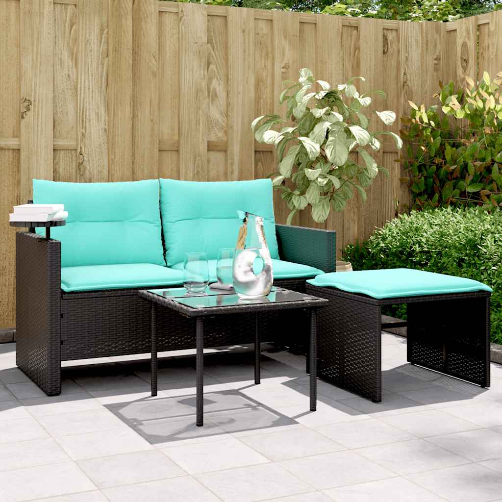 Conjunto de sofá de jardim de 3 peças com almofadas em rattan sintético preto
