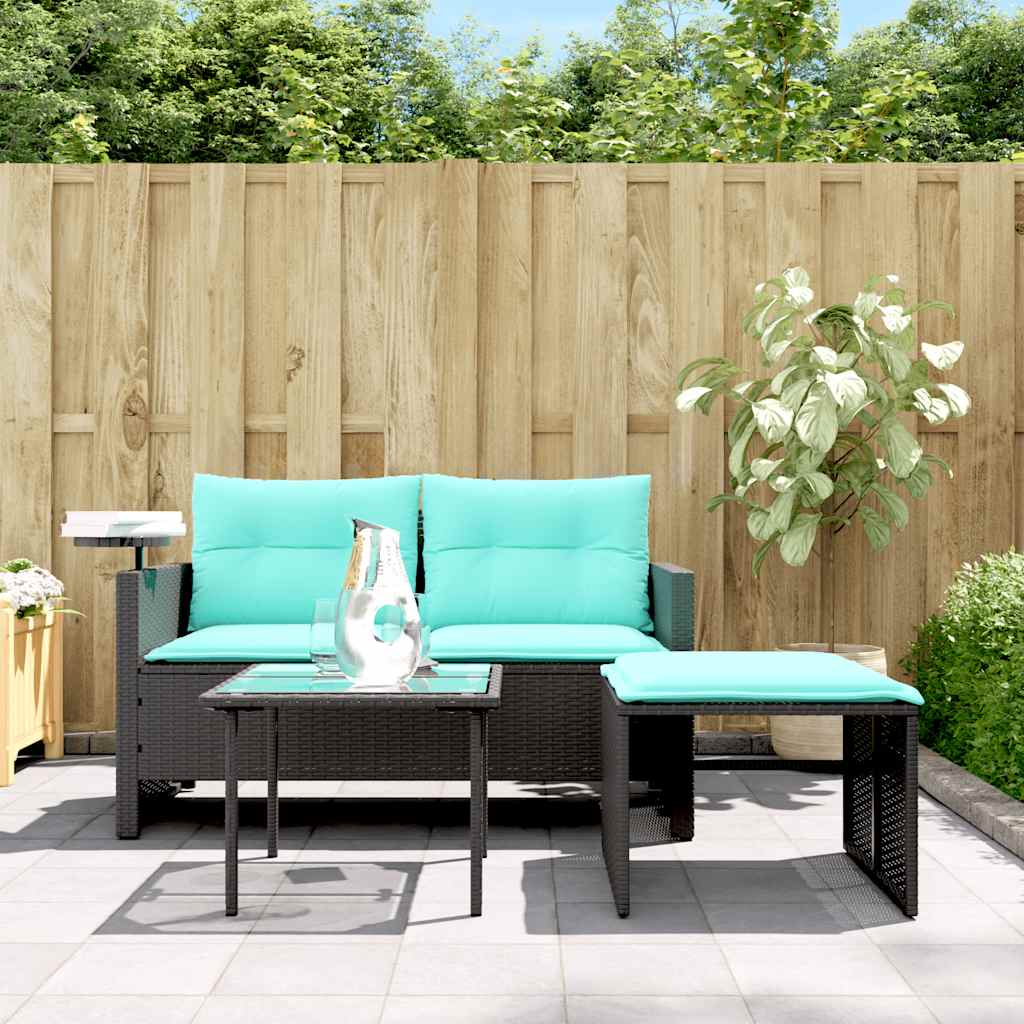 Conjunto de sofá de jardim de 3 peças com almofadas em rattan sintético preto