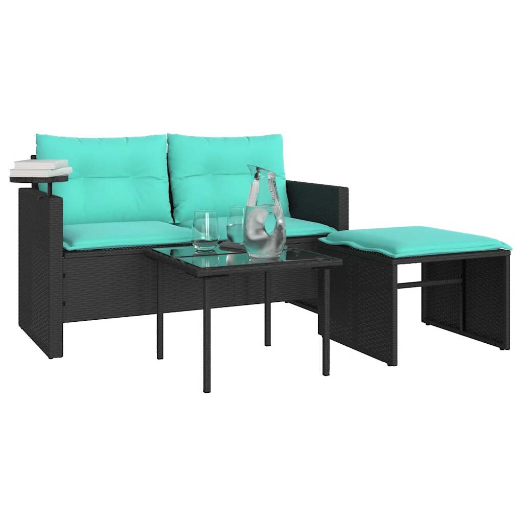 Conjunto de sofá de jardim de 3 peças com almofadas em rattan sintético preto