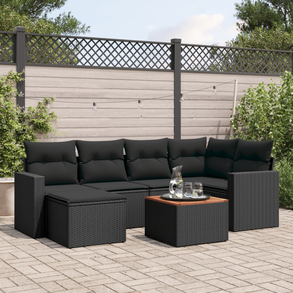 7 Pcs conjunto de sofás p/ jardim c/ almofadões vime PE preto
