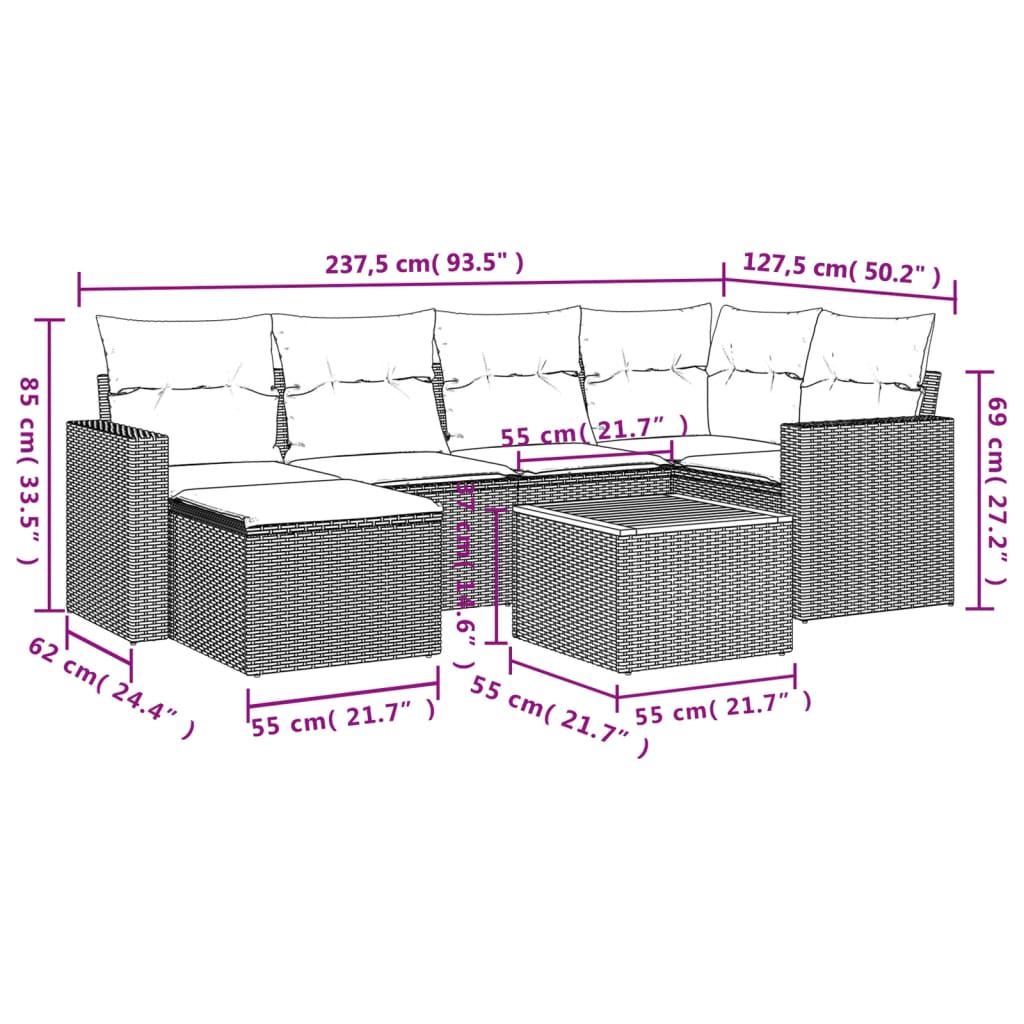 7 Pcs conjunto de sofás p/ jardim c/ almofadões vime PE preto