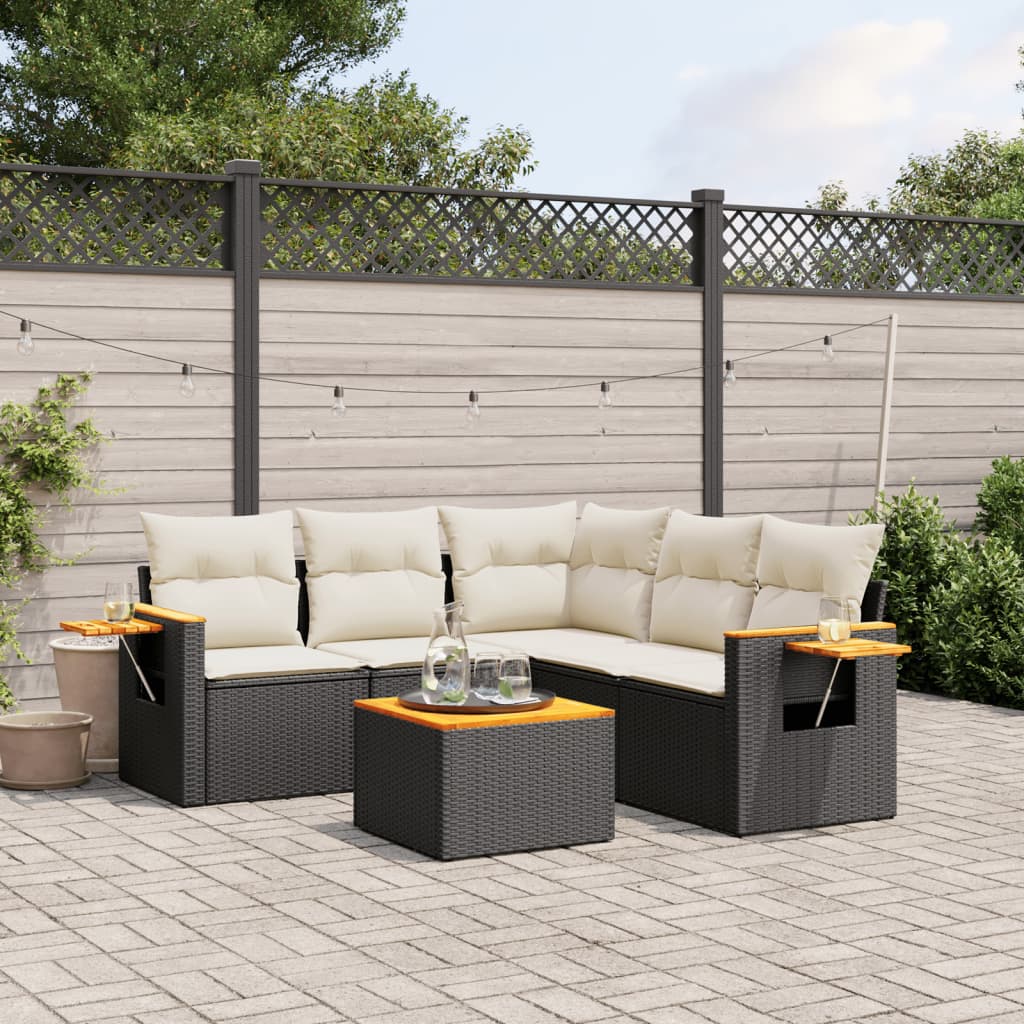 6 Pcs conjunto sofás de jardim c/ almofadões vime PE preto