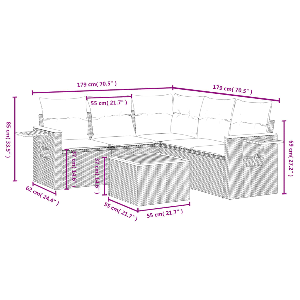 6 Pcs conjunto sofás de jardim c/ almofadões vime PE preto