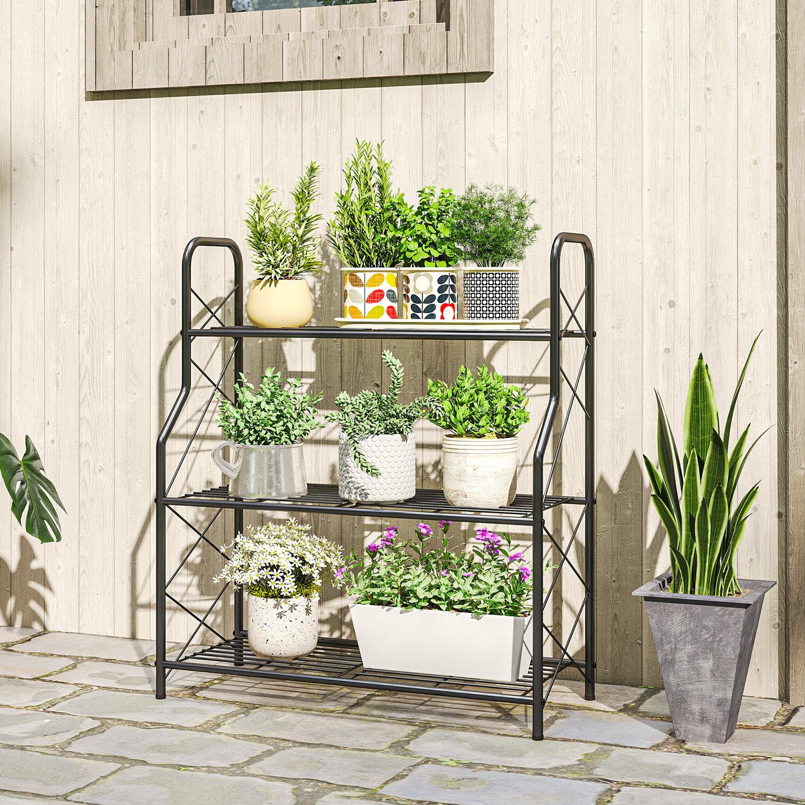 Suporte para plantas de 3 níveis estante metálica resistente para interior e exterior 69x28,5x78 cm preto
